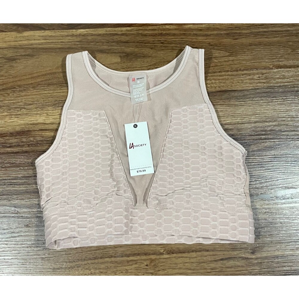 NWT LA Society Mocha Sports Bra Crop Top Mesh Women's M NO PADS Tan Beige